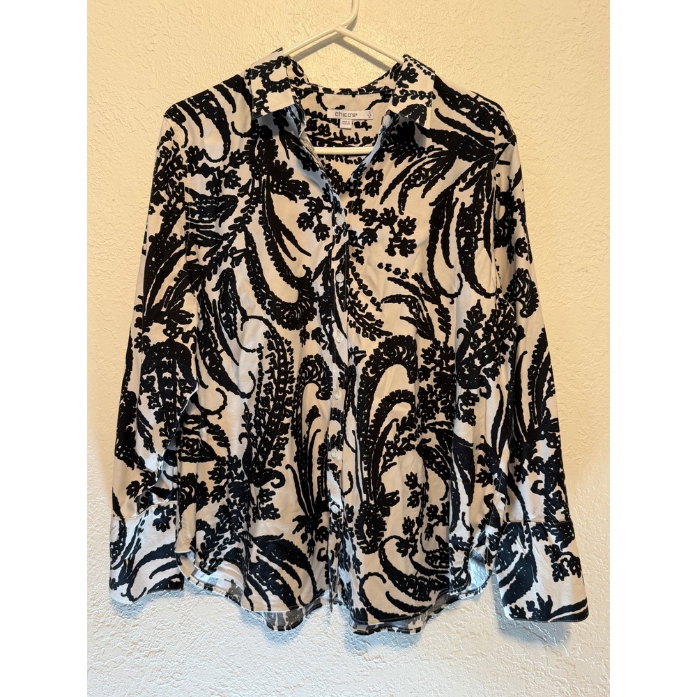 Chico's Black White Paisley Scroll Button Down Shirt Blouse Size 3 US 16